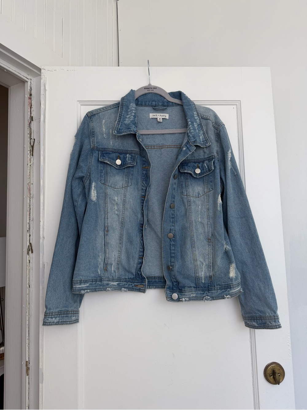 Jack + Avery Washed Light Blue Distressed Denim Jacket